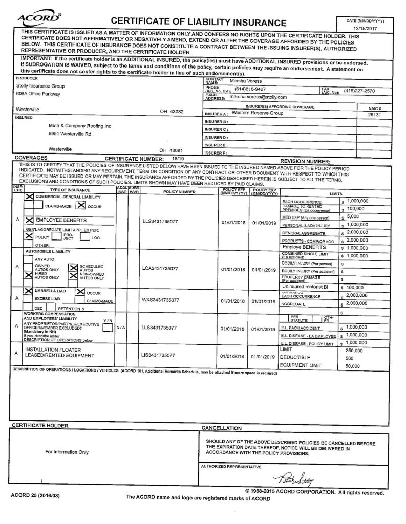 License & Insurance Westerville, OH Muth & Company Roofing License & Insurance Westerville, OH Muth & Company Roofing